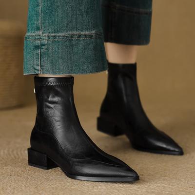 Sharp Pointed Elastic Slim Boots For Women, Autumn Winter New Thick Heel Ankle Boots For Women, Retro Brown Chelsea Boots