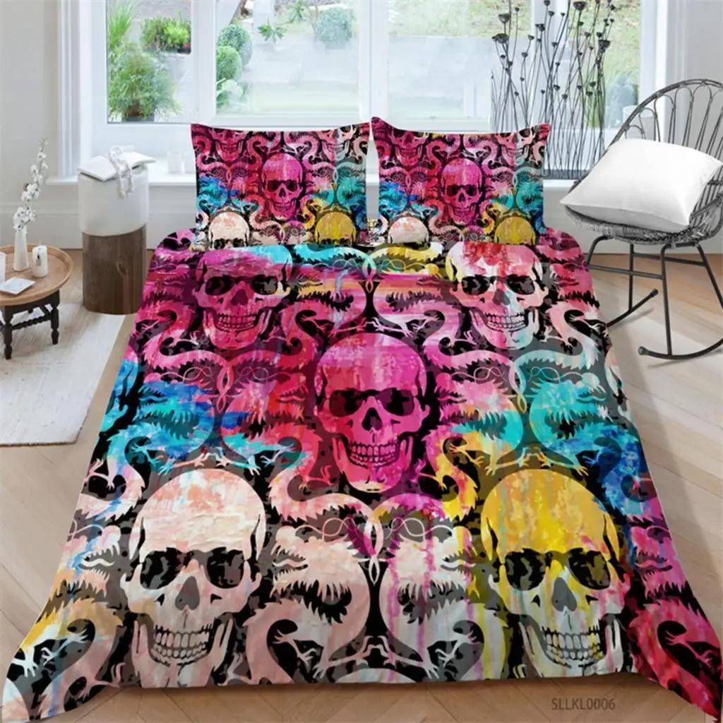 Sugar Skull Duvet Cover Gothic Skull Skeleton Bedding Set Horror Theme Comforter Cover Full King For Teens Adults Bedroom Decor