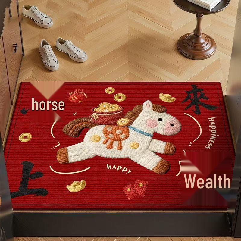 New Year Red Cartoon Festive Crystal Velvet Non-slip Entrance Floor Mat - Quick Drying, Wear-resistant, Water-absorbing Foot Pad.