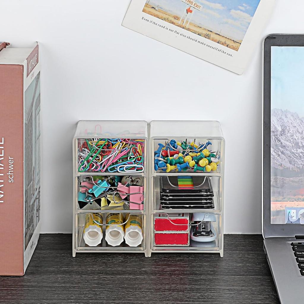 BTSKY 2 Pack Small Acrylic Storage Organizer with Drawers, 3-Layer Clear Desktop Organizer for Office Supplies Mini Storage Box with Drawers for