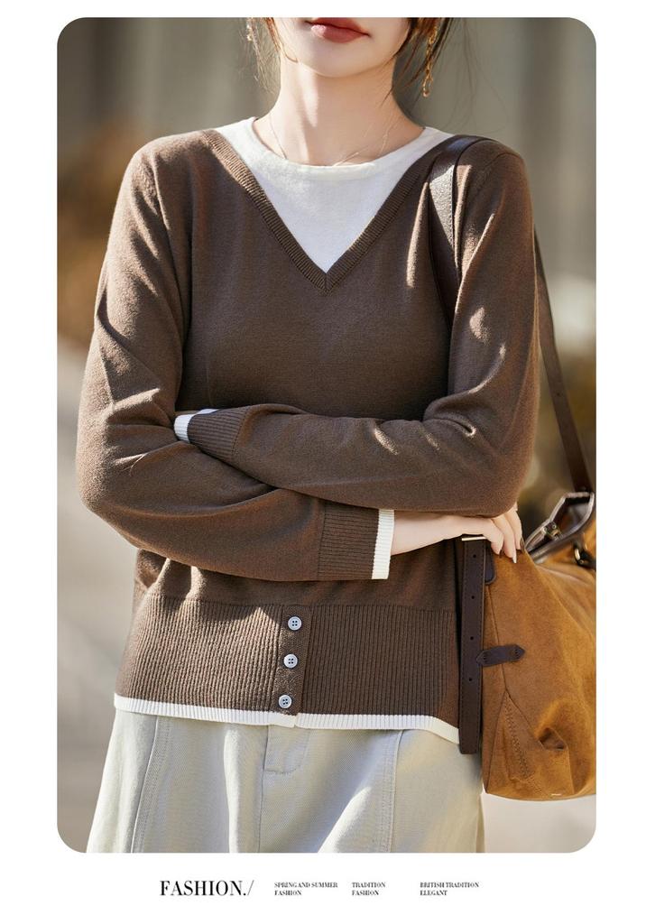 Women's V-Neck Patchwork Knitwear: French Color Block Two-Piece Style, Stylish Inner Layer Sweater for Spring/Autumn 2026.