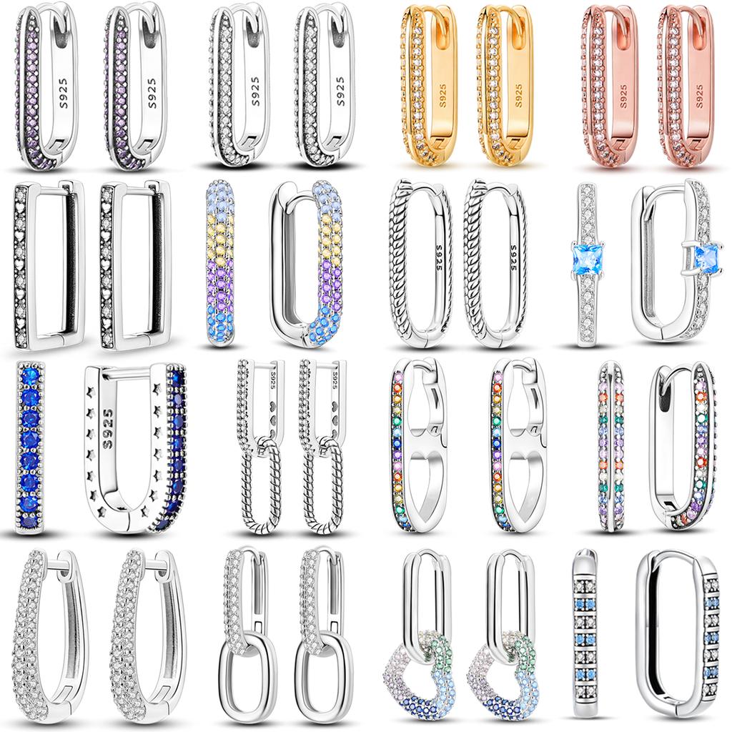 925 Silver U Shaped Inlay CZ Zircon Hoop Earrings Geometry Line Simple Women Girl Evening Party Brithday Gifts Jewelry
