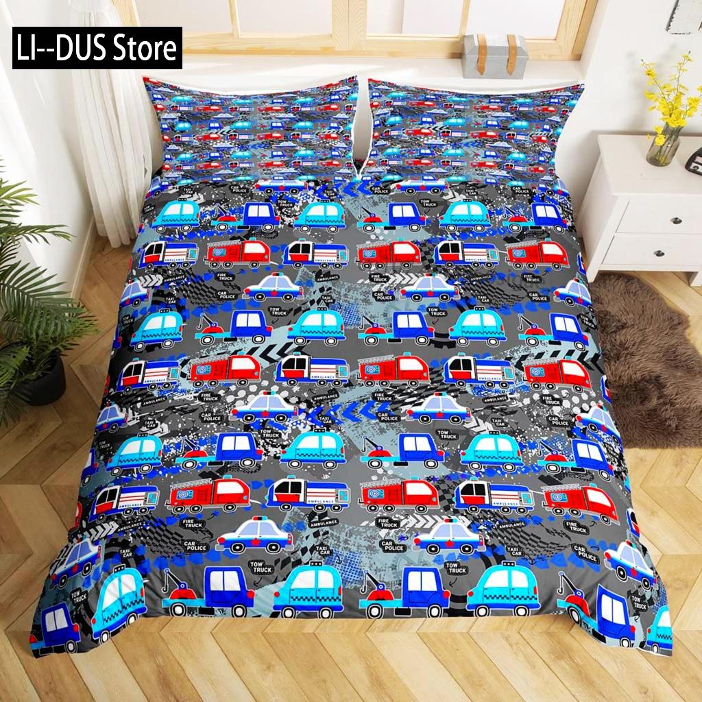 Fire Truck Duvet Cover Set Twin Size Red Firemen Car Vehicle Bedding Set Fire Engine Pattern For Boys Tire Printing Quilt Cover