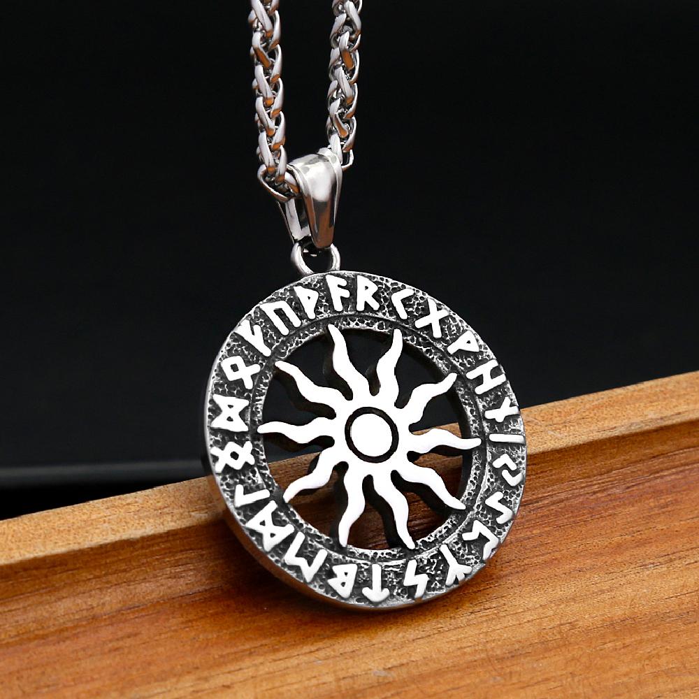 Vintage słońce bóg Apollo naszyjnik moda okrągły Nordic ze stali nierdzewnej Viking Rune naszyjnik mężczyźni biżuteria Amulet prezent