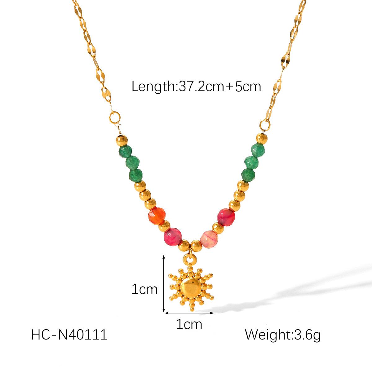 

French Court Gold Sun Pendant Necklace And Natural Stone Beaded Bracelet Set For Women