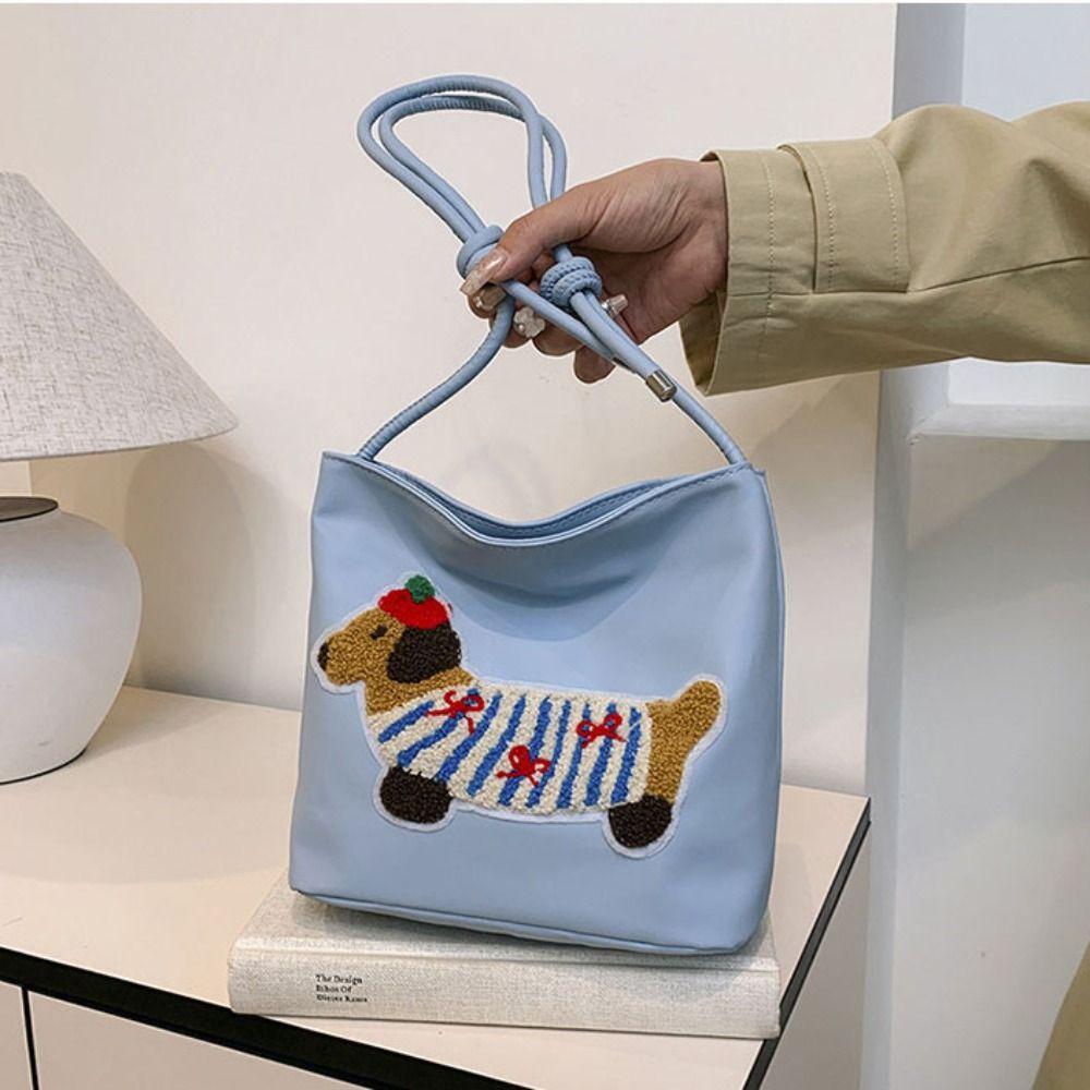 Square Bag Embroidery Shoulder Bag Towel Dachshund Puppy Underarm Bag Sweet   Women