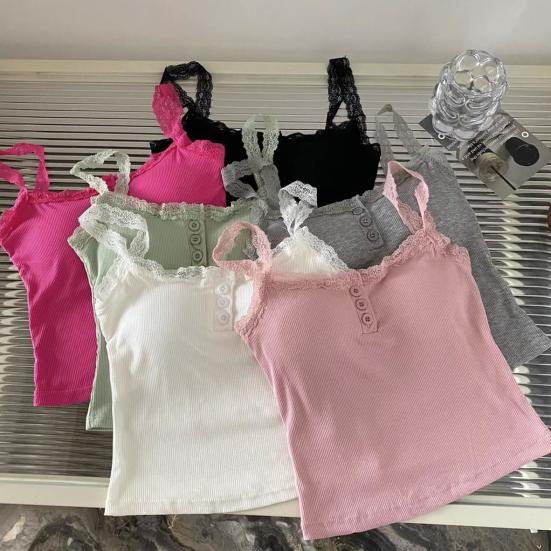 Women Sling Vest Pure Color Lace Splicing Bottom Tops with Built-in Chest Pad Soft Stretchy Camisole Work Party Vacation Wear