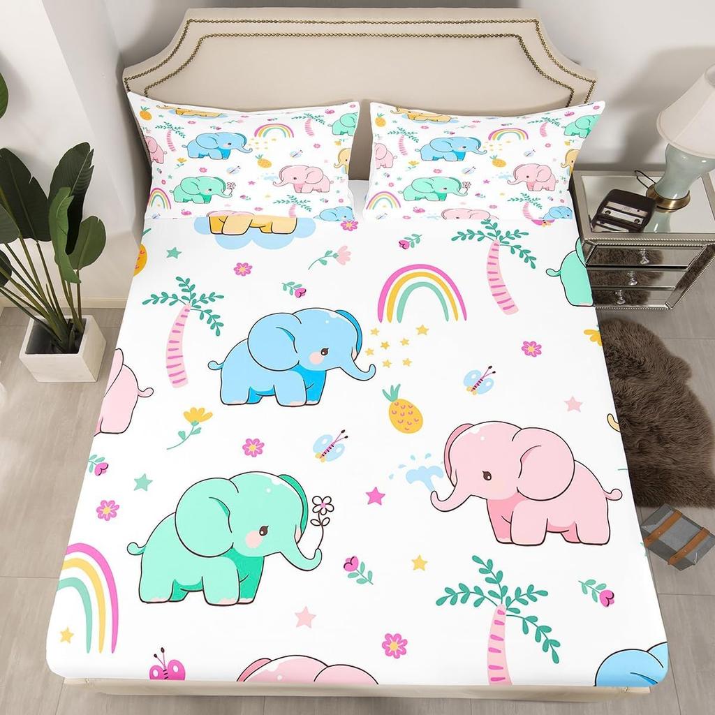 Elephant Fitted Sheet Single Size, Bedding Set 2pcs for Kids Girls Adult Room Decor, Cartoon Bed Cover with 1 Pillowcase