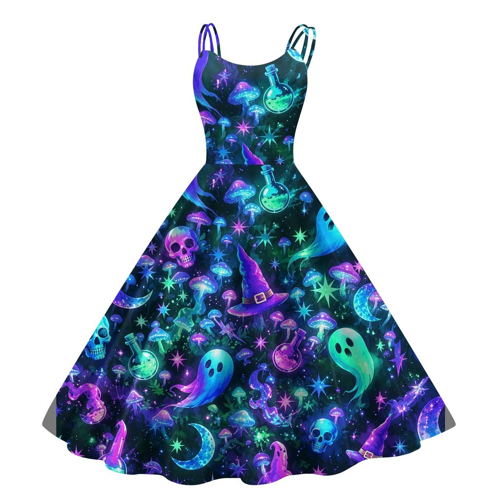 Women's Halloween Print Off-Shoulder Spaghetti Strap Dress
