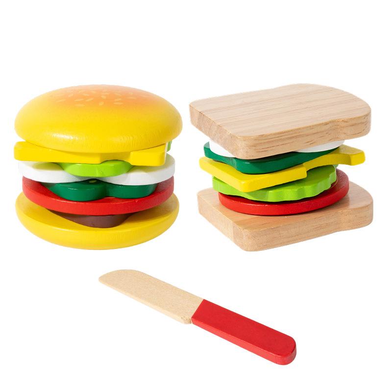 Wooden Play Food Set: Hamburger, Fries, Sandwich, and Kitchen Utensils for Kids