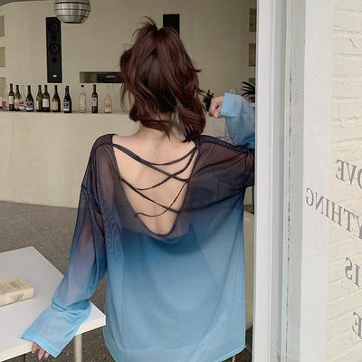 Backless Hollowed Out Sun Protection Shirt Women's Long Sleeved Summer Loose Air Conditioning Cover Shirt Thin Mesh Top