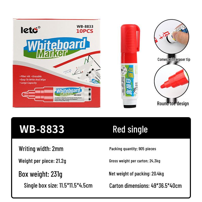 Erasable Water-Based Whiteboard Marker - No Marks, Easy to Erase, Thick Colored Drawing Pen for Teachers.