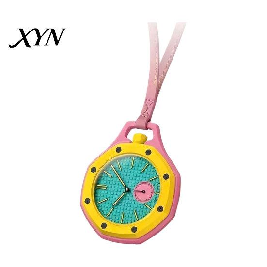Vintage Pocket Watch Colorful Octagonal Watch, Mechanical Quartz Analog Hollow Case Fashion Accessory Necklace with Faux Leather Strap for Men Women