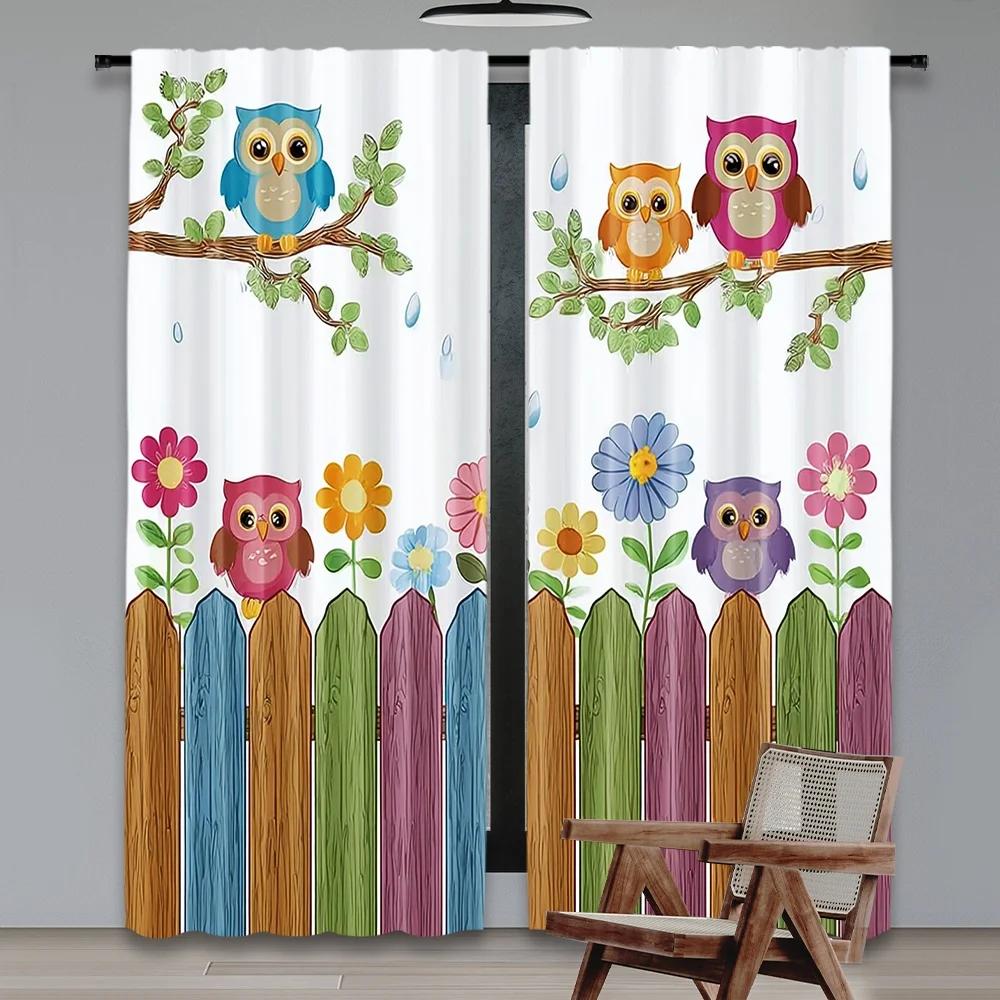 Set Of 2 Flat Printing Party Window Curtains Colorful Owls Branch Digital Printed Polyester Drapes Festive Use Curtain