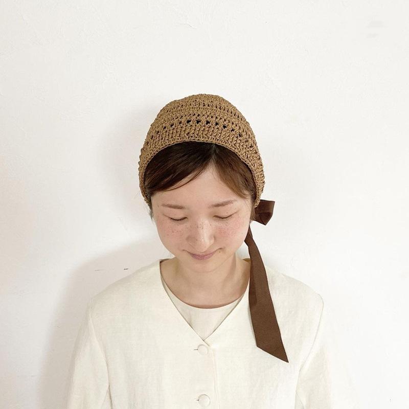 Japanese French Retro Hand-Woven Lace-Up Hair With Hat Female Spring Summer Vacation Cute Sweet Little Fresh