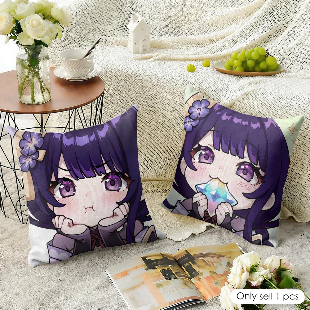 Raiden Shogun cute Genshin Cushion Cover Natural Linen Organic Fabric DoubleSided Printing Sofa Home Decor Gift Pillow Case