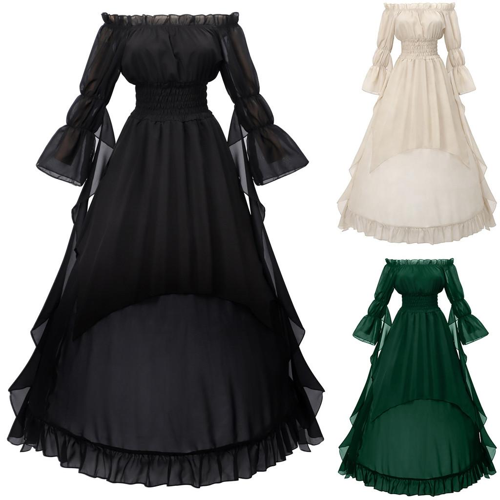 Medieval Victorian Womens Off Shoulder Dress With Linen Fabric For Halloween Renaissance Fair Performances