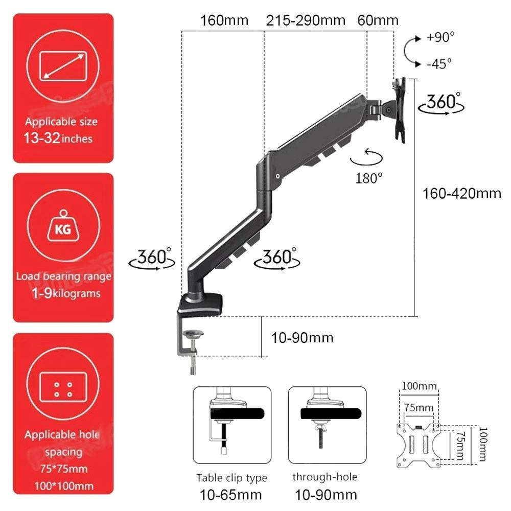 Adjustable Desktop Monitor Bracket 13-32 Inch Screens 360 Rotation Bracket Robotic Arm Floating Screen Effect Gas Spring Arm