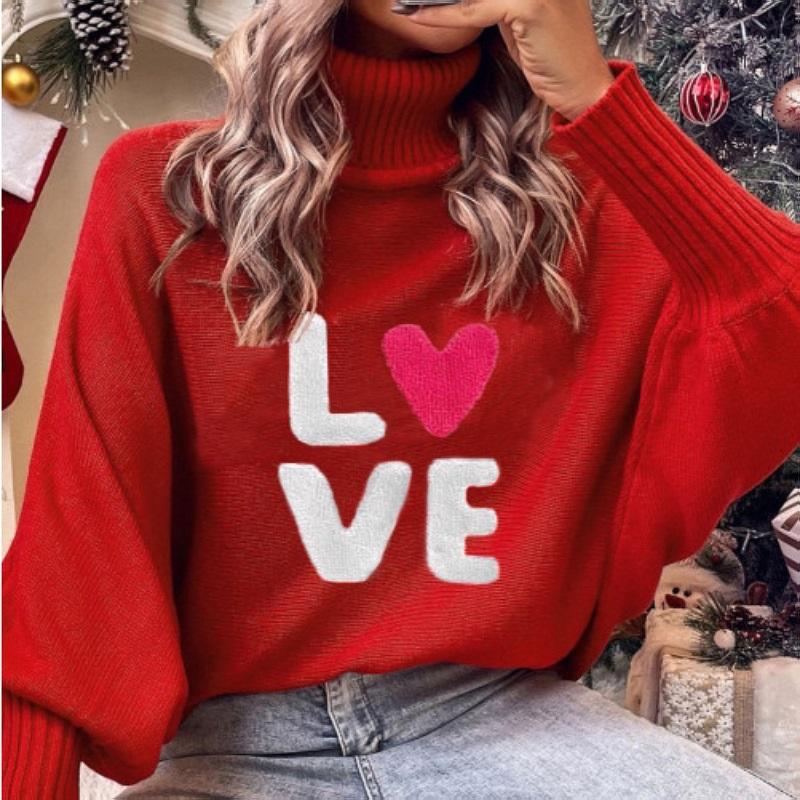 

European And American Christmas High Neck Sweater For Women Loose Batwing Sleeve Knit Top Autumn Winter Fashion L темно-красного