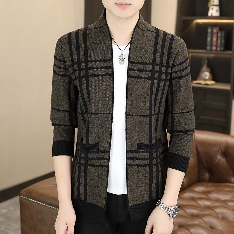 

Горячая распродажа, Мужской вязаный свитер с длинным рукавом, Клетчатый кардиган, Молодежная мода, Повседневная куртка-свитер 5XL