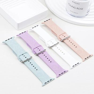 Floral Engraved Strap For Apple Watch Band 40 44 41 49mm 45mm 38mm 42mm Silicone Bracelet Iwatch Series 9 7 Se 6 8 Ultra 2 Belt