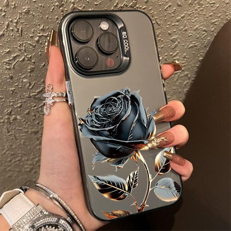 Premium Black & Gold Rose Art Phone Case for iPhone 17 16 15 14 13 12 11 Series Pro Max Plus Double Layer Protection