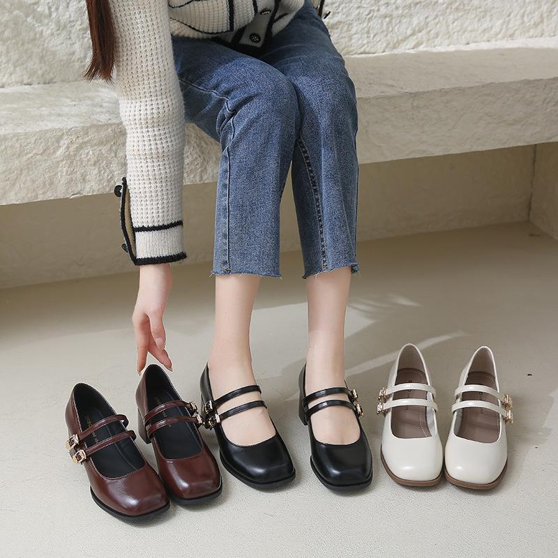 

Трендовые французские туфли-лодочки Мэри Джейн с квадратной головкой, женские кожаные туфли в британском стиле на толстом каблуке, тренд 2024, туфли на среднем каблуке с неглубоким носком