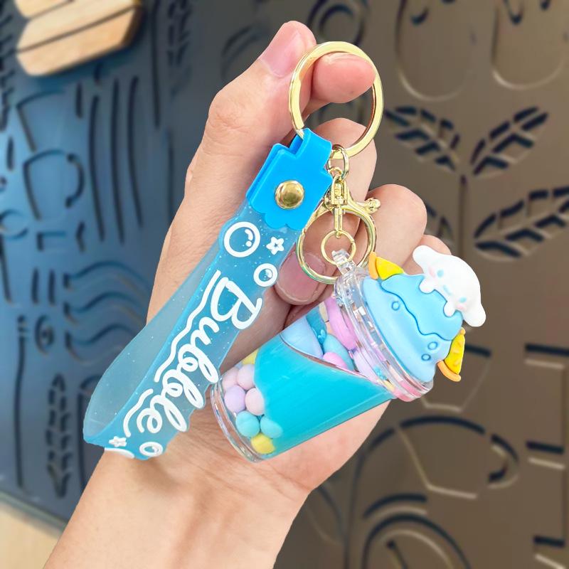 Sanrio Milk Tea Cup Keychain: Oil-Filled Sand Flow Candy Beans Acrylic Pendant, Small Gift Ornament Single OPP Bag Packaging