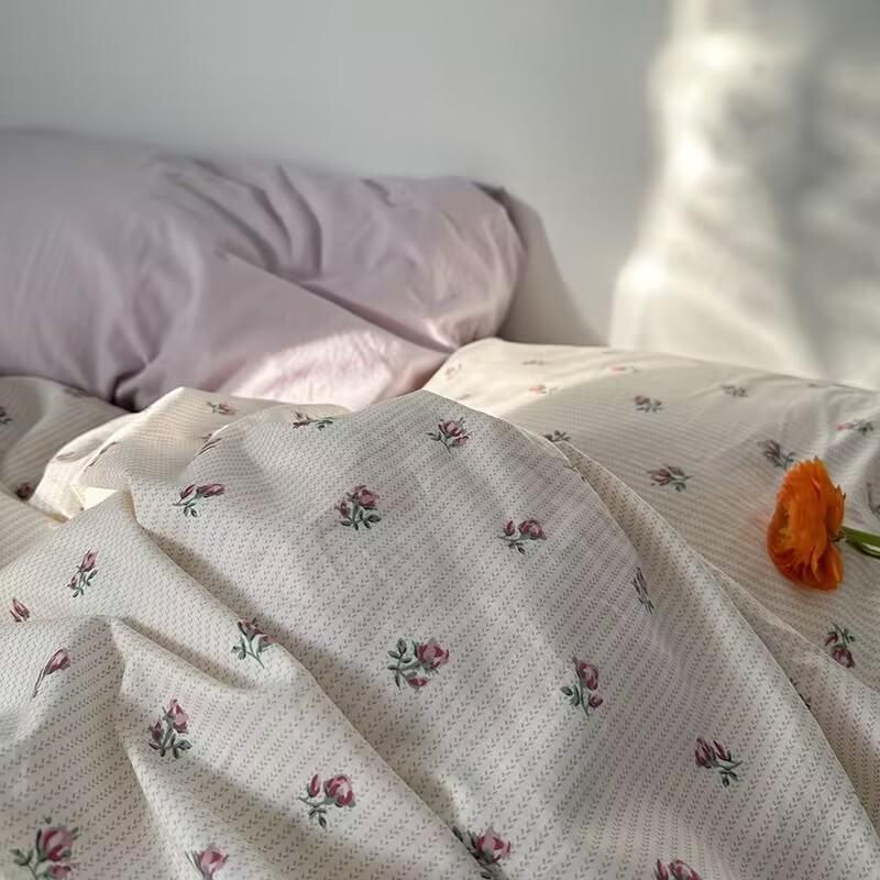 Ins Korean Pastoral Flower Bedding Set Purple Bed Flat Sheet Pillowcase Twin Full Queen Size Bed Linen Women Girls Duvet Cover