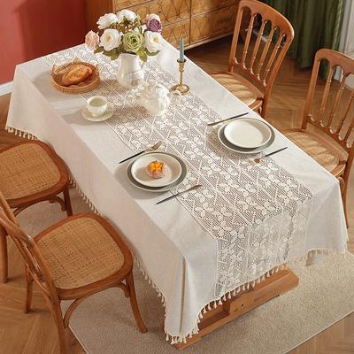 Tovaglia Rettangolare in Cotone e Lino, Lavorata all'Uncinetto con Pizzo, Lavabile, Antirughe, con Nappe, per Cucina e Sala da Pranzo