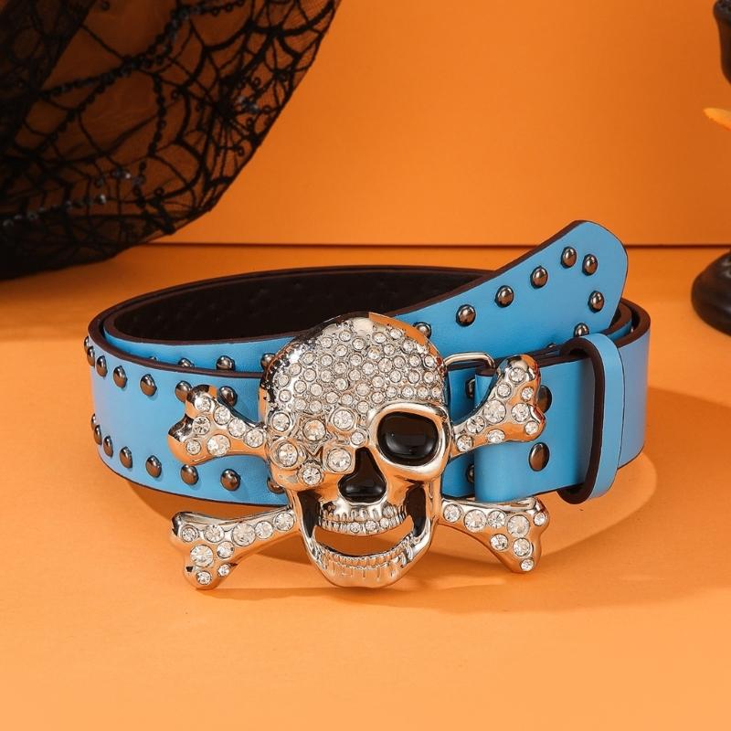 Popular Rhinestones Skull Buckle Belt for Adult Rivet Studded Belt All Matching Western Belt for Daily and Club Wear