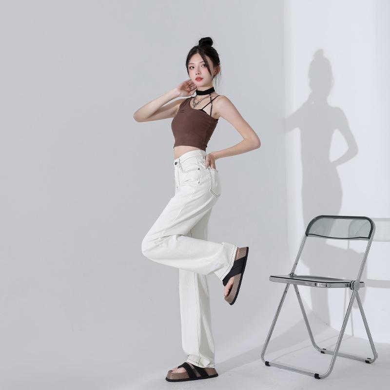 Wide-legged Floor Jeans for Women, Autumn Wide-legged Pants for Women, Autumn Straight Pants for Women, Autumn Ivory White Pure Cotton