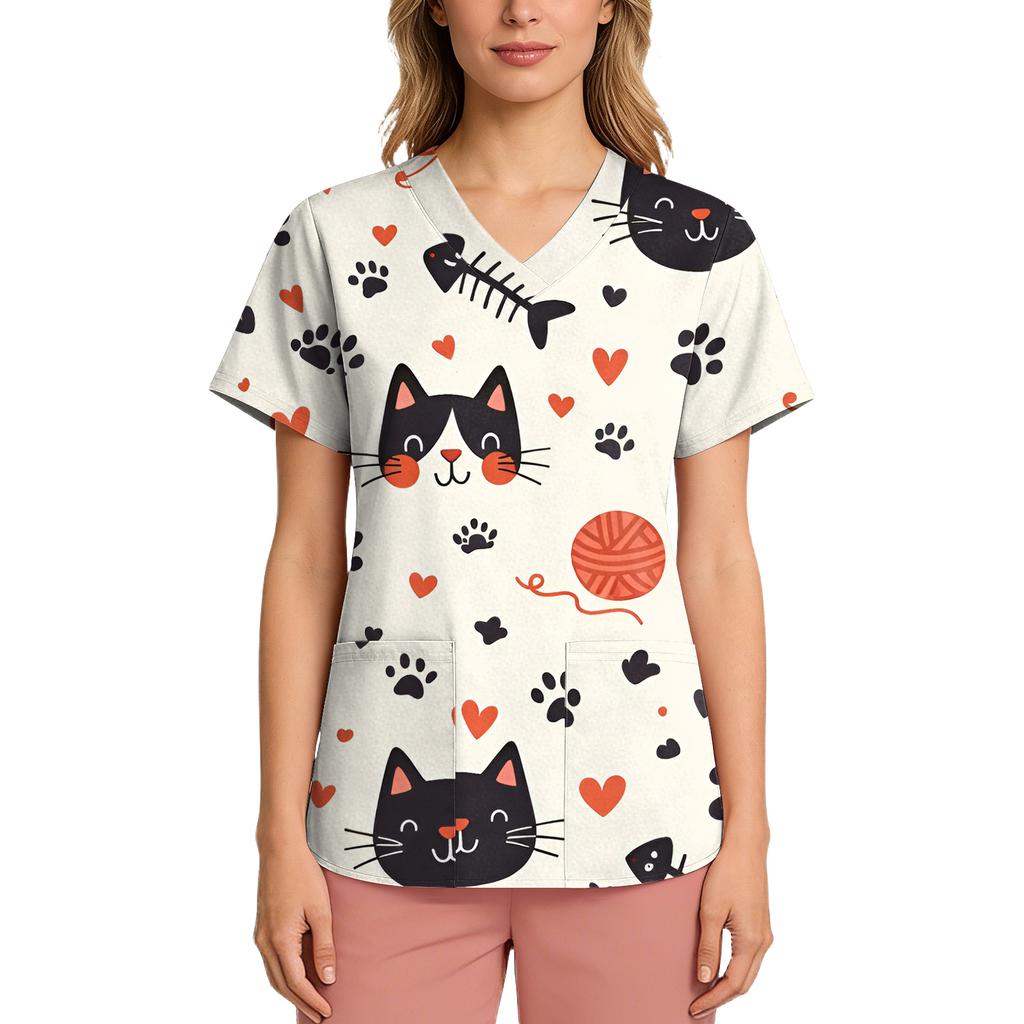 Women's Casual Short-Sleeve Cute Animal Print V-Neck Pocket Workwear Top