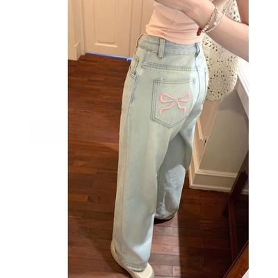 Bestickte Hellblaue High Waist Wide Leg Jeans Damen Frühling Locker Gerade Denimhose