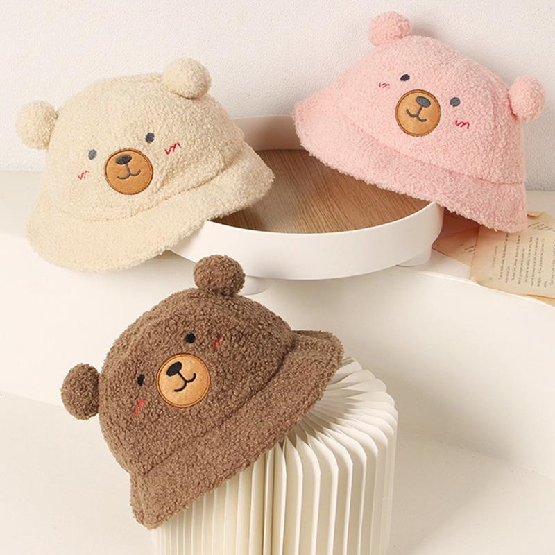 

Cartoon Bear Ear Baby Fisherman Hat Lamb Wool Bucket Hats Girl Boy Visors Children Winter Outdoor Thick Keep Warm Sun Cap 1-4Y