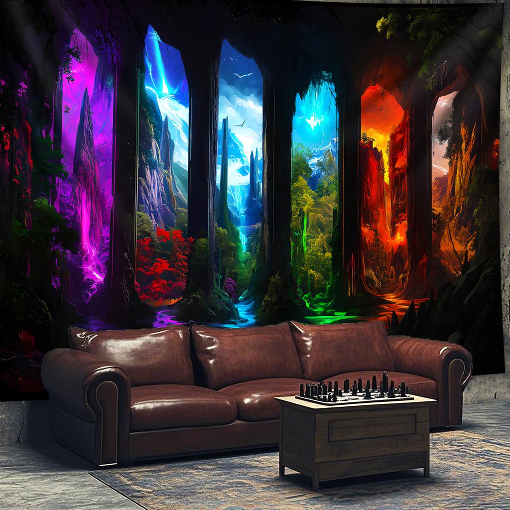 Fantasy Cave Tapestry, Colorful Light Portals In Rock Formations, Mystical Landscape Wall Art For Home Dorm Background