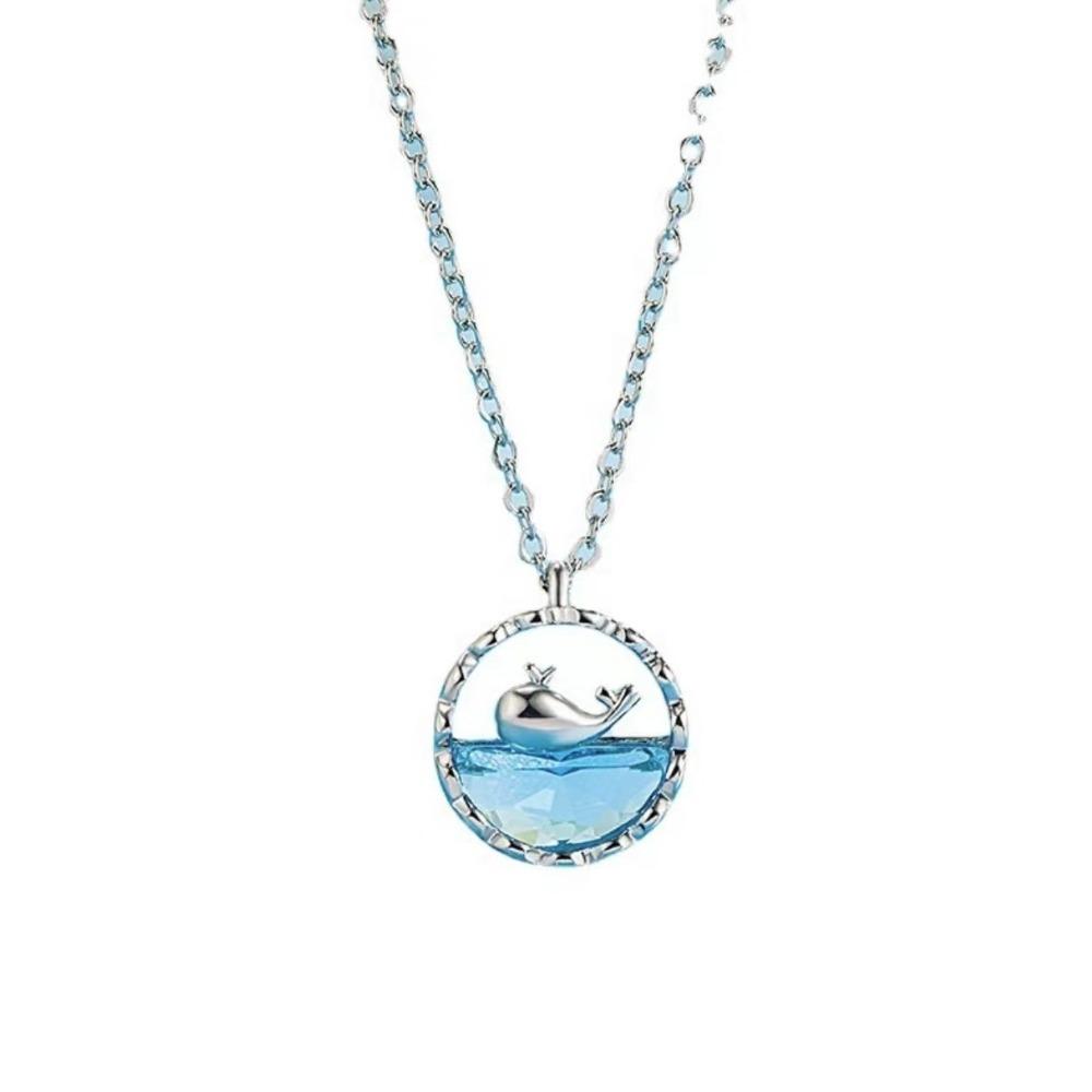 Edelstahl Niedlich Süß Blau Kristall Meereswal Anhänger Halskette für Damen Neues Kreatives Design Sommer Halsband Schmuck Farbecht