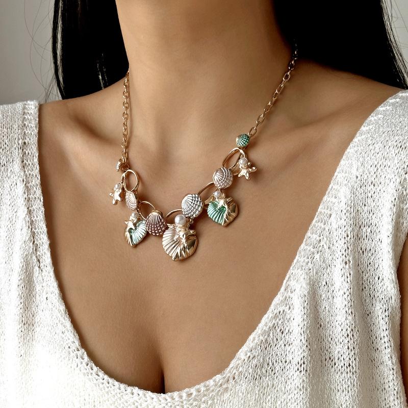 Vintage Glazed Colorful Starfish Scallop Pendant Necklace Boho Exaggerated Metal Shell Pearl Necklace Women Summer Beach Jewelry