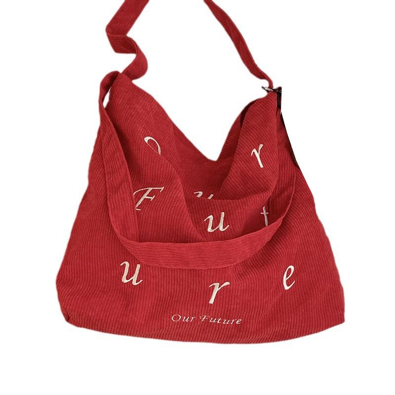 Korean Version of Embroidered Letter Corduroy Large Bag Women's 2025 New Tote Bag Student Class Large-capacity Crossbody Bag
