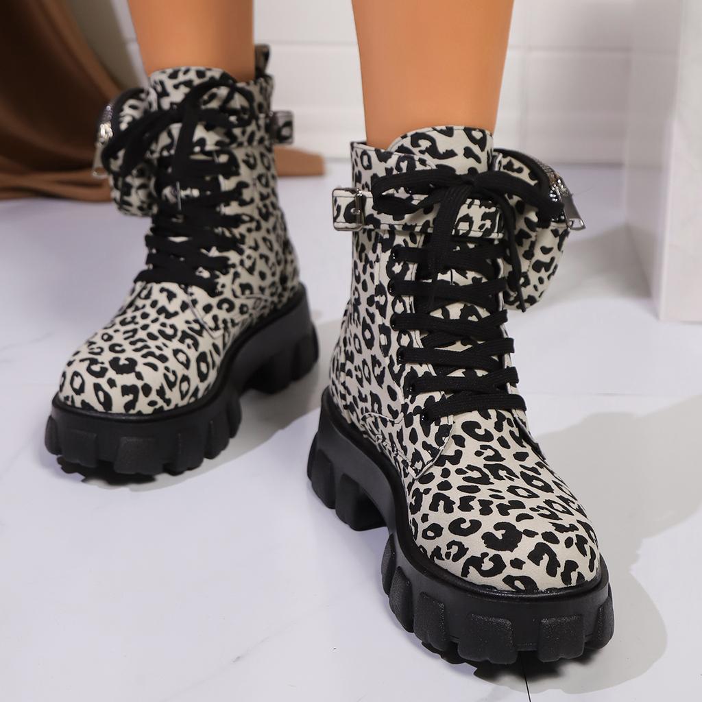 Women's Ankle Boots  Winter New Outdoor leopard print Sexy High Heels Fashion Boots  Lace Up Shoes Women Platform Boots