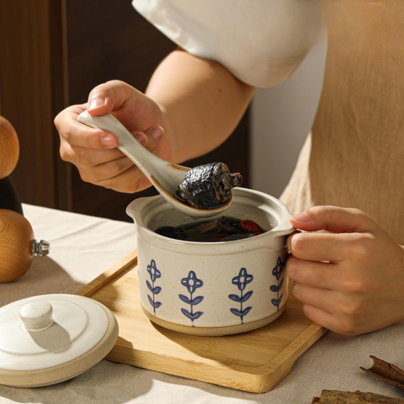 Ceramic stew pot over water stew household with tray spoon retro simple food pot soup ceramic tableware