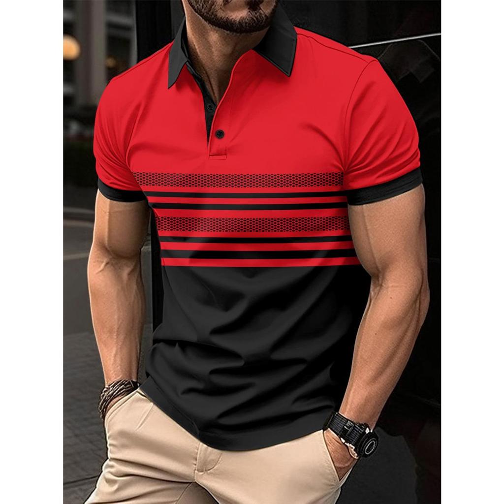 Summer New Men's Daily Sports Casual Stripe Printed Lapel Short Sleeve Pullover Shirt