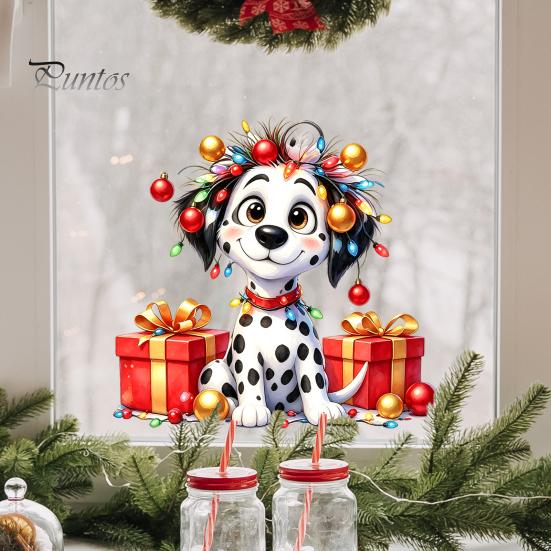 Holiday Scene Setting Decals Christmas Spotted Puppy/Penguin Static Window Sticker, Cute Watercolor Animal Glass Stickers with Colorful Lights & Gift