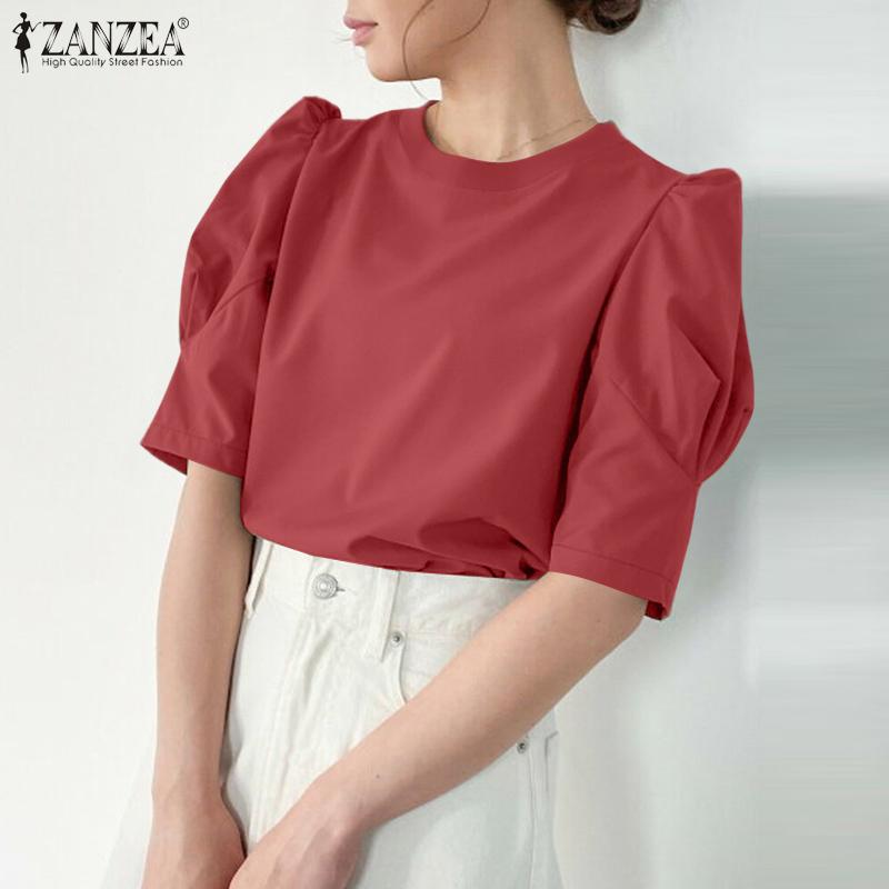 ZANZEA Women Casual Round Neck Loose Summer Short Sleeve Blouse