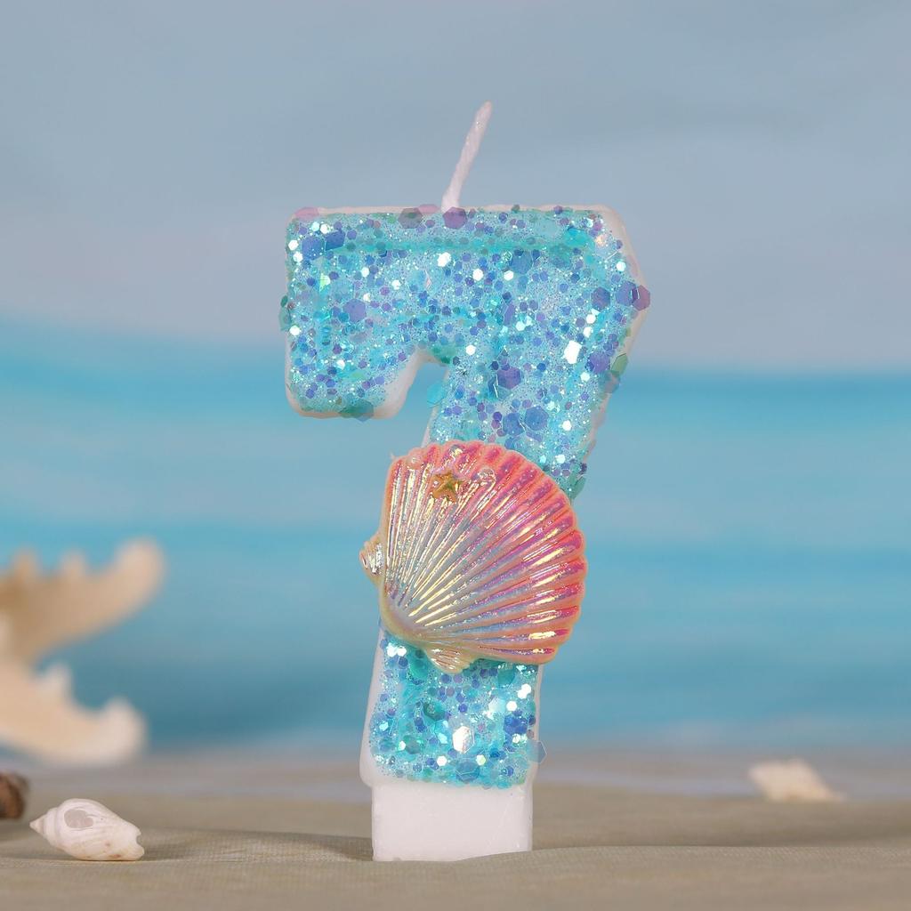 Ocean Mermaid Theme Cake Candles 0-9 Numbers Blue Cake Topper with Sequins Girls Birthday Party Cake Decoration Supplies Boys