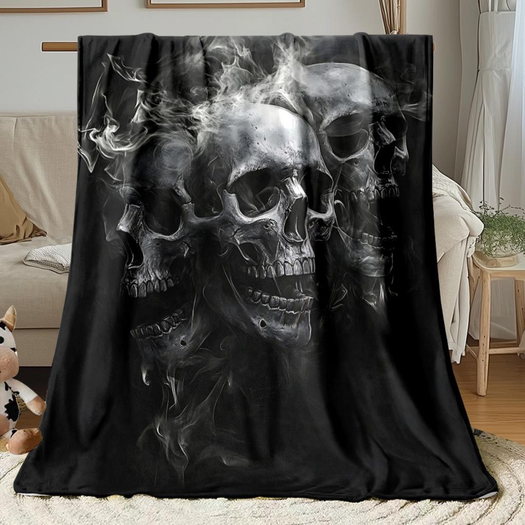Black Skull with Smoky Effect Print Art Blanket - Soft All-Season Multi-Purpose Throw for Sofa, Travel, Camping, Office & Bed