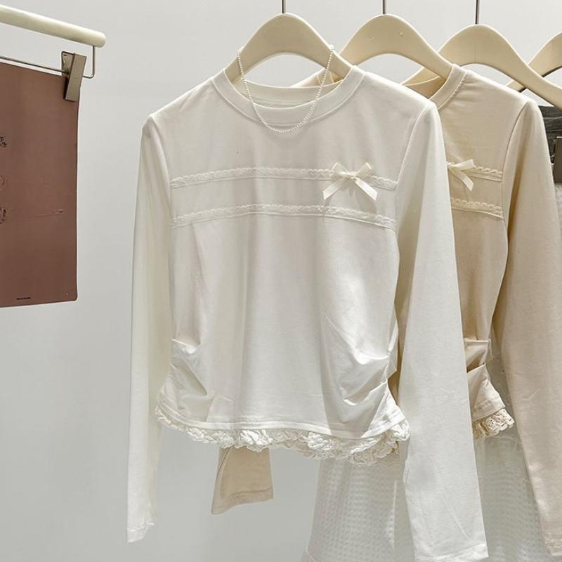 Zimní podzimní elegantní krajkové prošívání falešné dvoudílné tričko s dlouhým rukávem, halenka, dámské v novém designu s mašlí, sladké tričko se spodním dílem