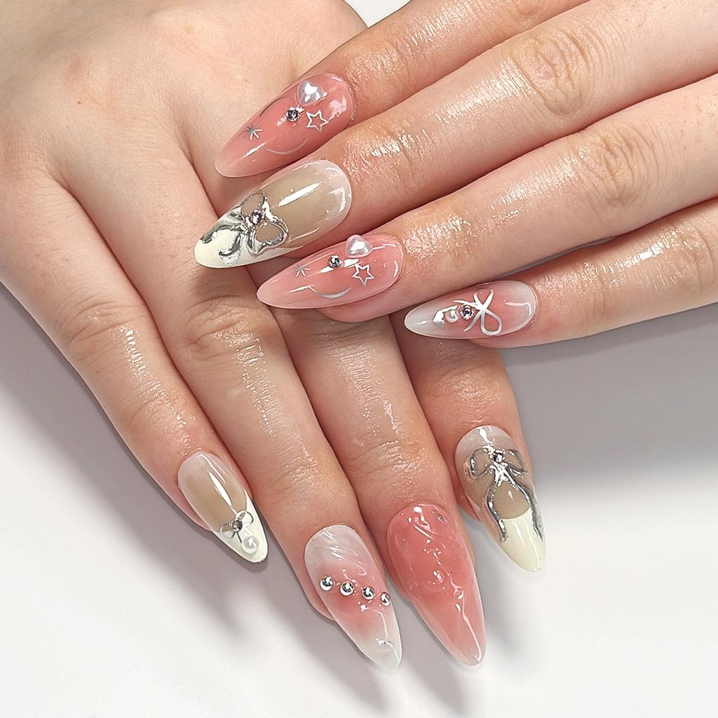 Almond Handmade Blush Pink French Press On Nails With 3D Bowknot And Star Decor Y2k Wearable False Nail Tips