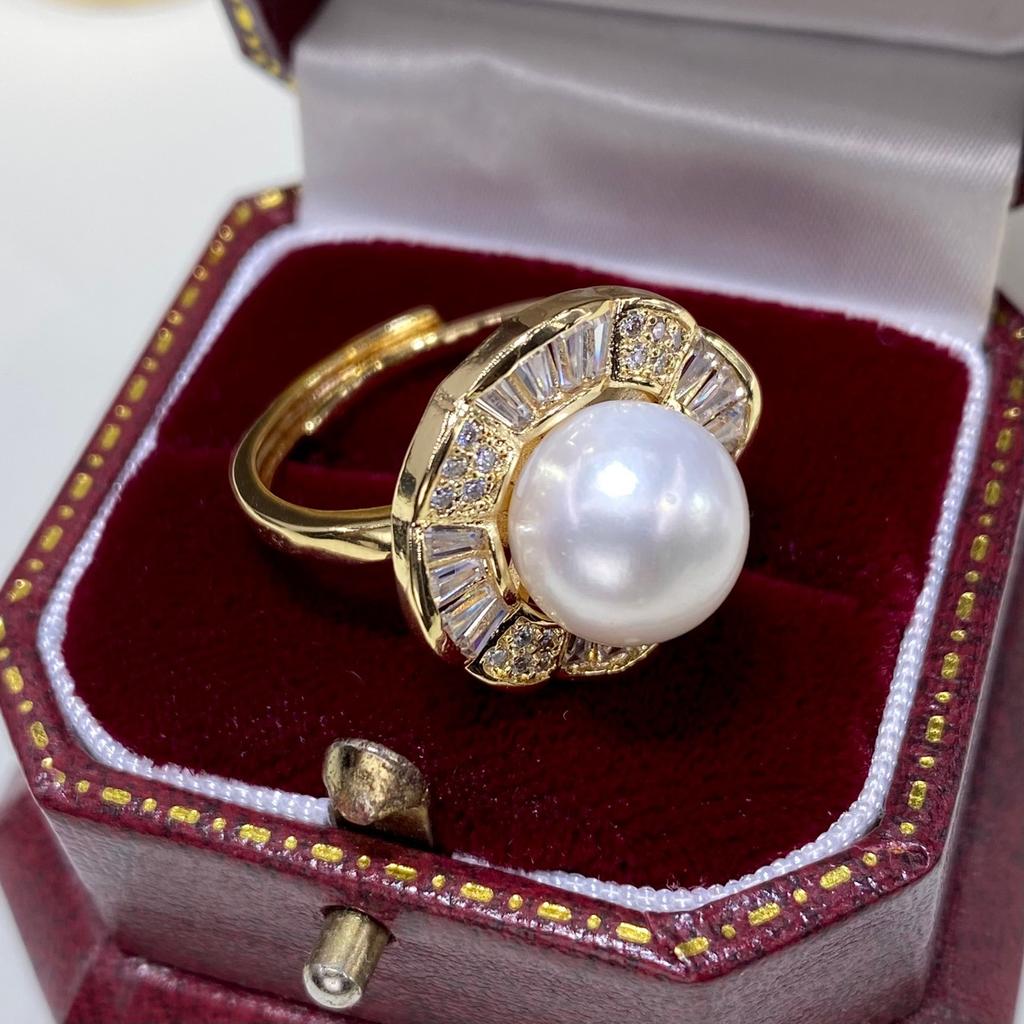 Light Luxury Natural Freshwater Aurora Pearl Women's Ring with Round Beads 18K Gold Envelope, Minimalist and Retro Design, Full of Diamonds