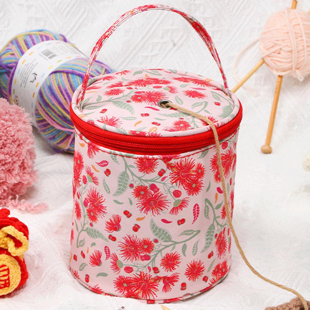 Floral Pattern Yarn Storage Bag Waterproof Yarn Holder Sewing Storage Bag Zipper with Handle Strap for Wool and Needles Storage